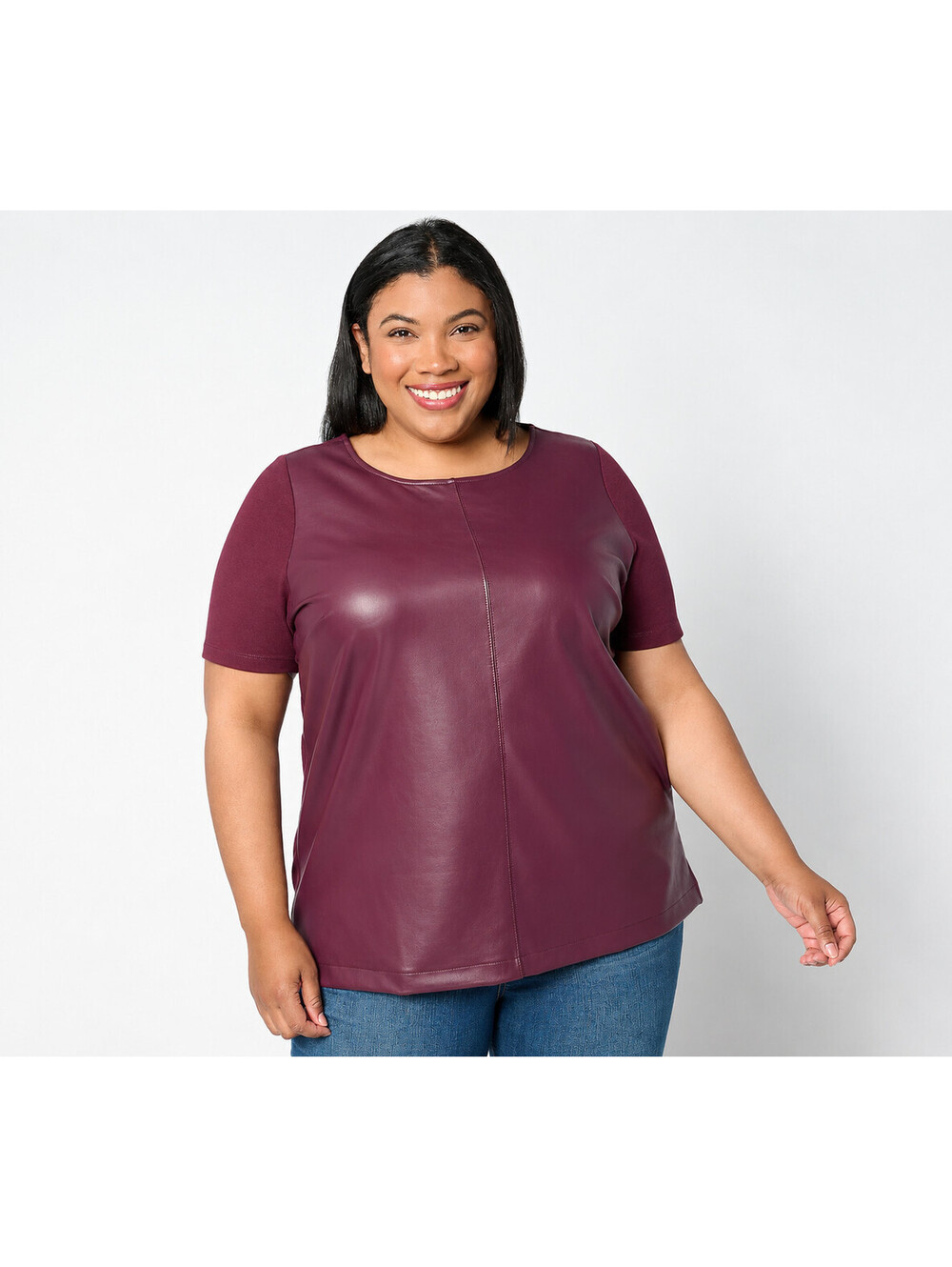 Belle by Kim Gravel Faux Leather Short Sleeve Knit Back Top Winetasting, Size 2X